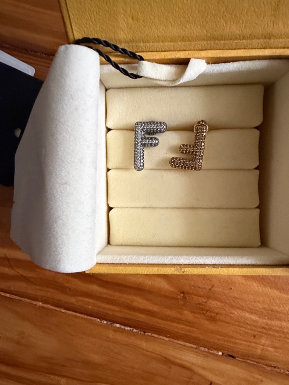 Fendi Two-Tone Crystal 'F' Brooch Set in Silver and Gold